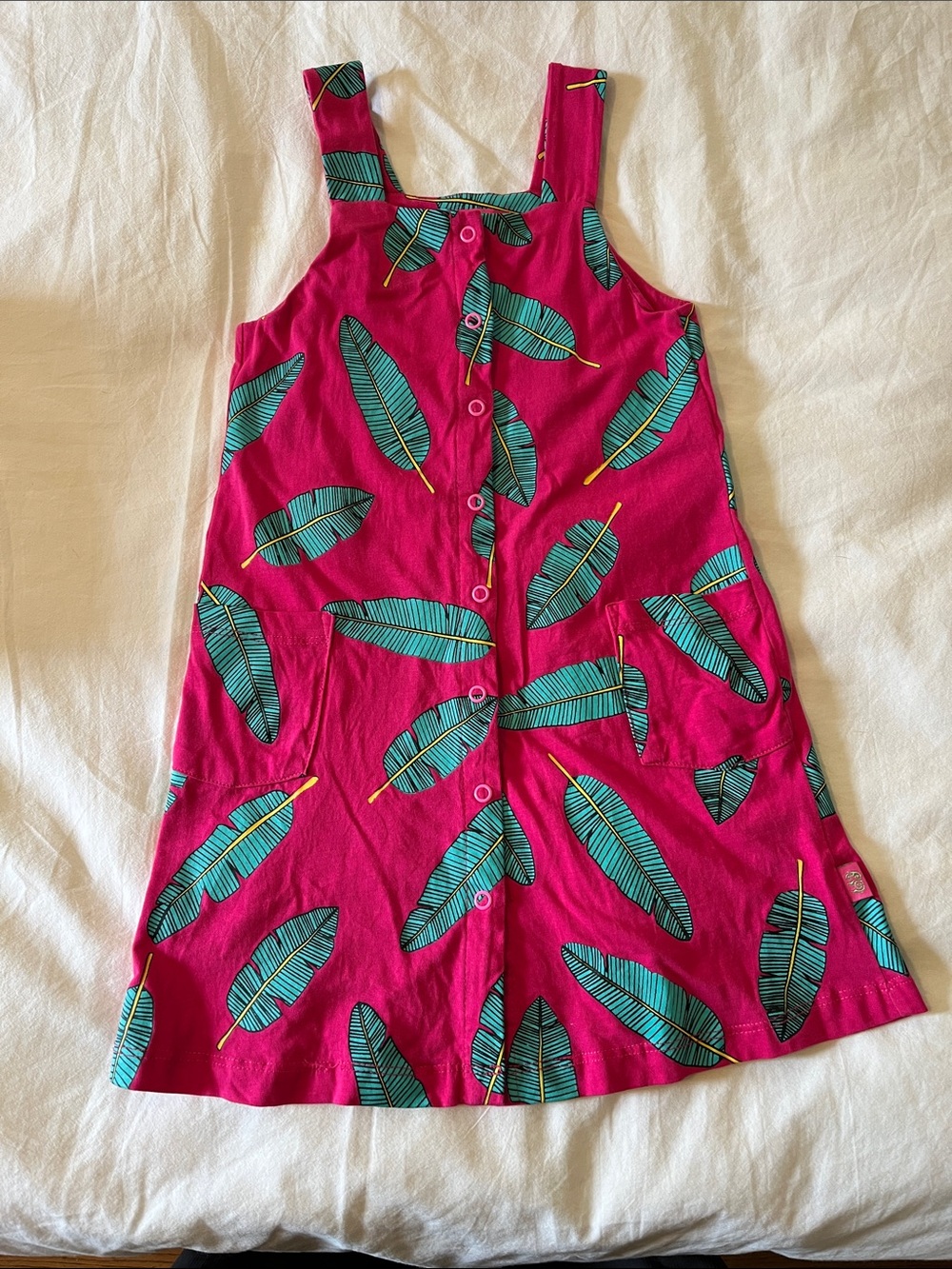 Girls Bright Fuchsia Tropical Leaf Button-Front Dress